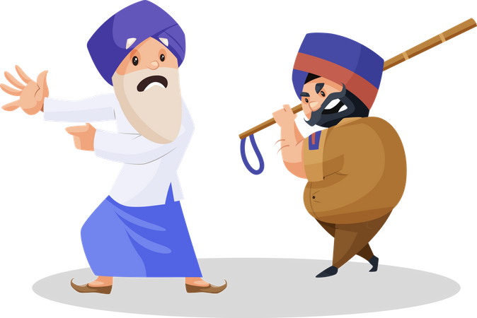 Policeman attacking the Punjabi old farmer with a stick  Illustration