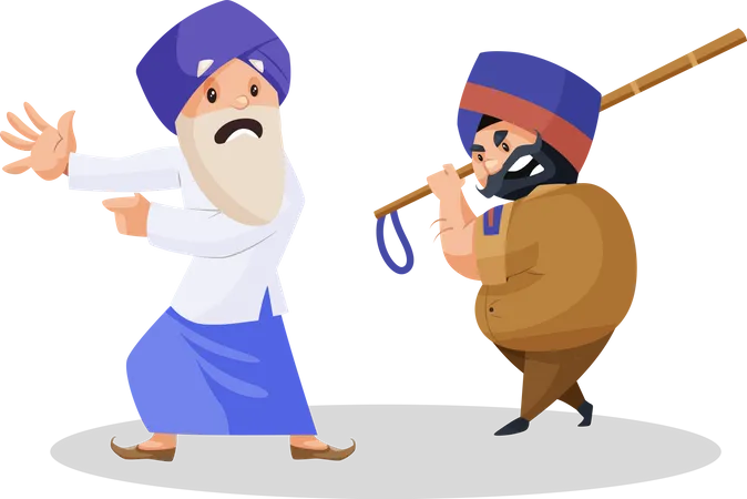 Policeman attacking the Punjabi old farmer with a stick  Illustration