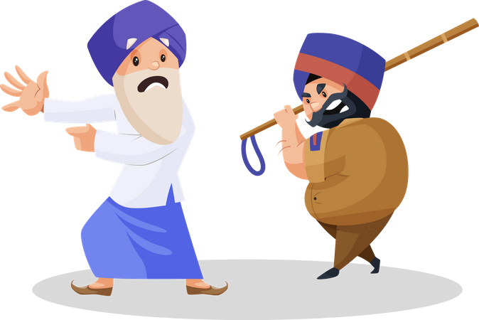 Policeman attacking the Punjabi old farmer with a stick  Illustration