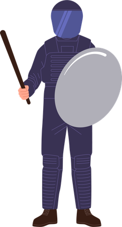 Policeman fully equipped armed with a baton and shield for protection  Illustration