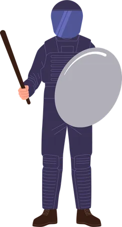 Policeman fully equipped armed with a baton and shield for protection  Illustration