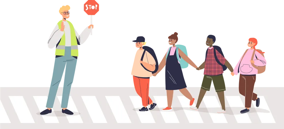 Policeman Helping Kids To Cross Road Holding Stop Sign Safety For Children On Street Concept Street Traffic Controller And Children Cartoon Flat Vector Illustration Illustration