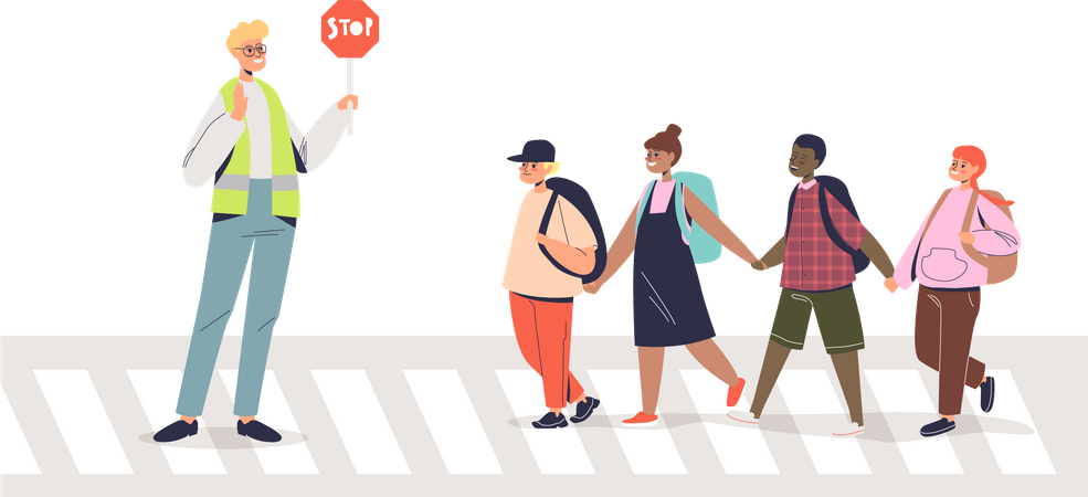 Policeman helping kids to cross road  Illustration