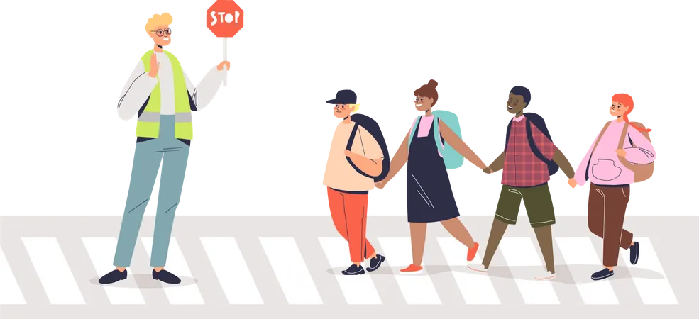 Policeman helping kids to cross road  Illustration