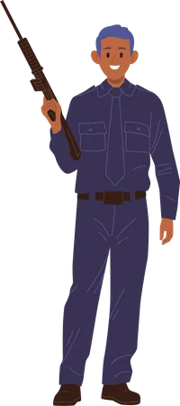 Policeman holding automatic machine gun in hands  Illustration