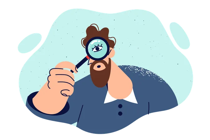 Curious Man Holding Magnifying Glass Working As Detective And Searching Crime Scene Curious Guy With Beard And Mustache Looks At Camera Through Loupe And Is Surprised By What Sees イラスト