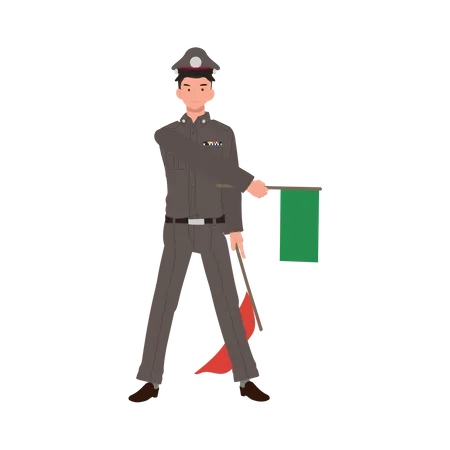 Policeman showing green flag  Illustration