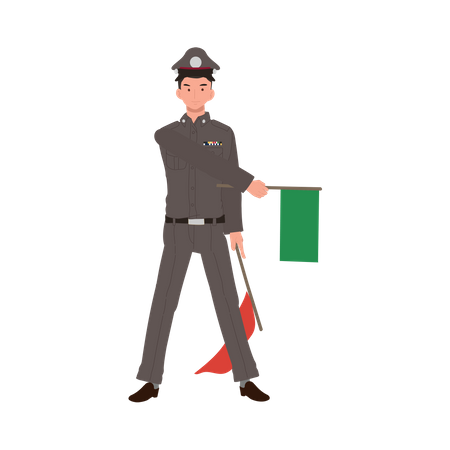 Policeman showing green flag  Illustration