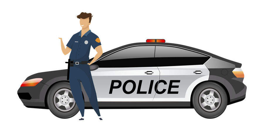 Policeman standing by patrol car  Illustration