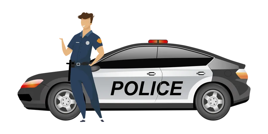 Policeman standing by patrol car  Illustration