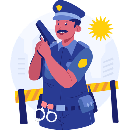 Policeman standing with pistol in hand  Illustration