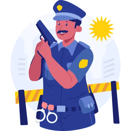 Policeman standing with pistol in hand  Illustration