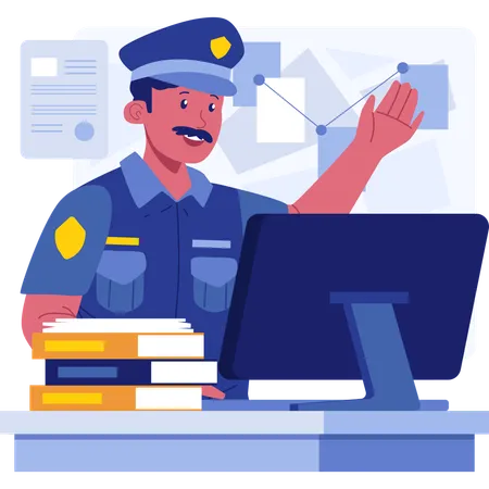 Policeman working on computer  Illustration