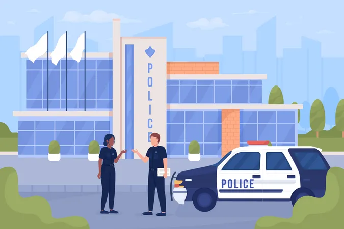 Policemen And Car On City Street Flat Color Vector Illustration Police Office And Town Security Service Fully Editable 2 D Simple Cartoon Characters With Cityscape On Background Bebas Neue Font Used Illustration