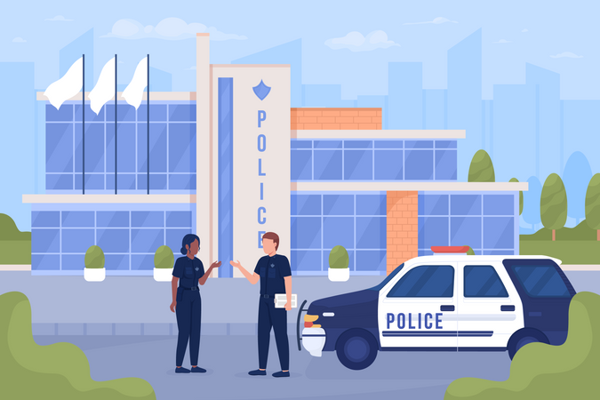 Policemen and car on city street  Illustration