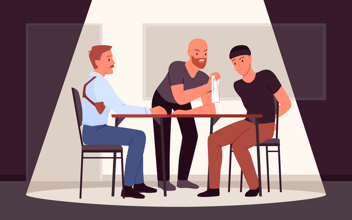 Policemen interrogating criminal inside room  Illustration