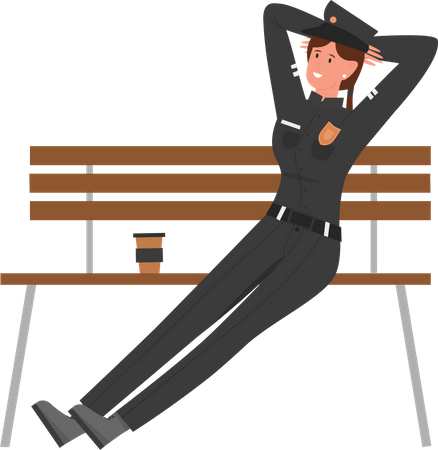 Policewoman relaxing on bench  Illustration