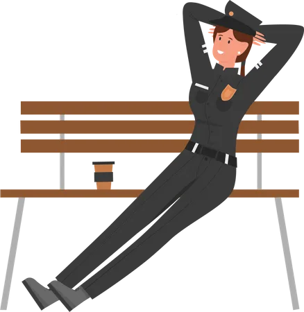 Policewoman relaxing on bench  Illustration