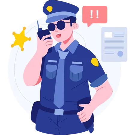 Policía comunicándose por walkie talkie  Ilustración