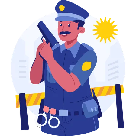 Policía de pie con pistola en mano  Ilustración