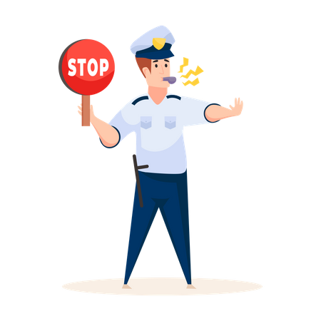 Polícia de trânsito assobiando e segurando sinal de stop  Ilustração