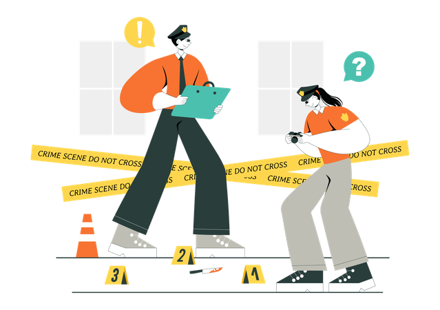 Policía realizando una investigación en la escena del crimen  Ilustración