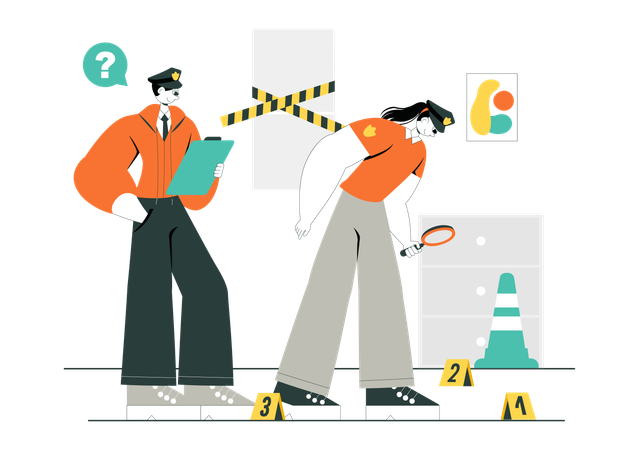 Policía realizando una investigación en la escena del crimen  Ilustración