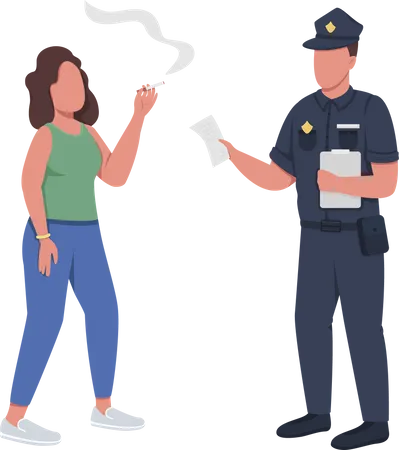 Policial dando multa por fumar  Ilustração