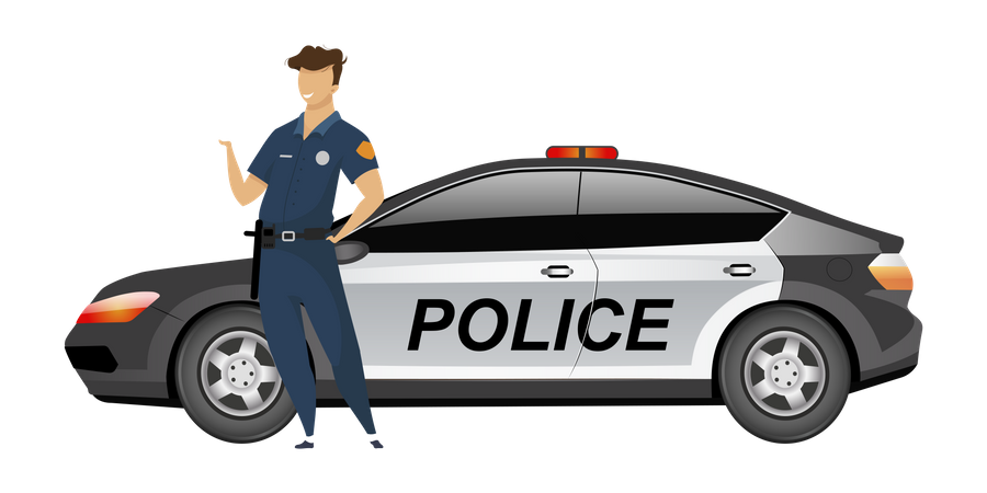 Policial em pé perto do carro patrulha  Ilustração