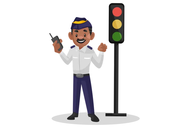 Policial de trânsito parado perto do sinal de trânsito com walkie talkie na mão  Ilustração