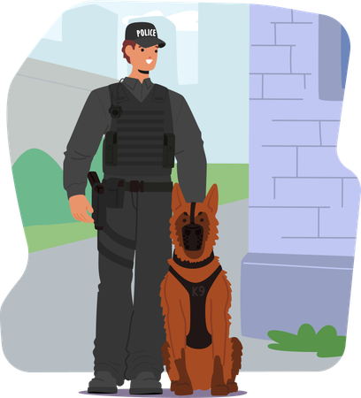 Policial masculino com cachorro  Ilustração