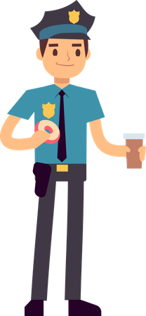 Polícia masculina segurando uma xícara de café e donut  Ilustração