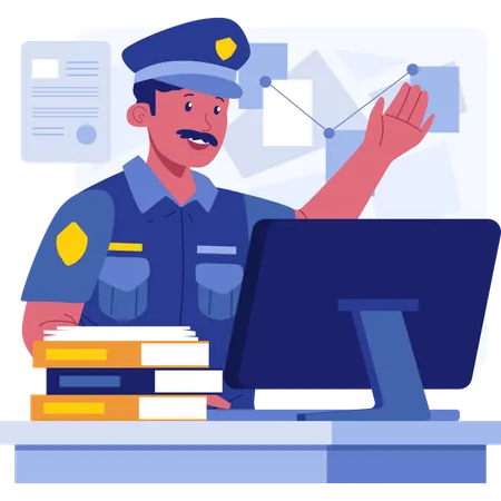 Policial trabalhando no computador  Ilustração