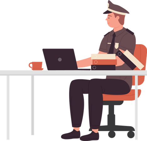 Policial trabalhando no laptop  Ilustração