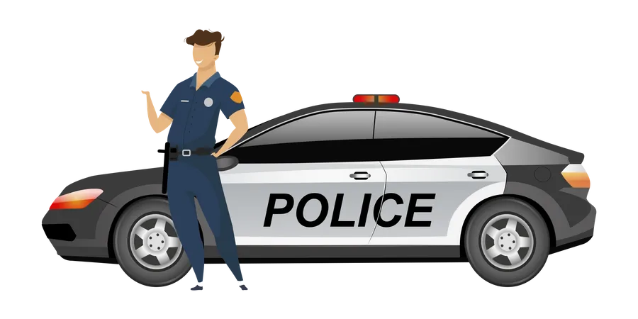 Policier debout près d’une voiture de patrouille  Illustration