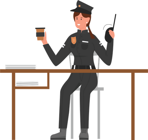 Policière avec une tasse de café et un talkie-walkie  Illustration