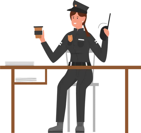 Policière avec une tasse de café et un talkie-walkie  Illustration