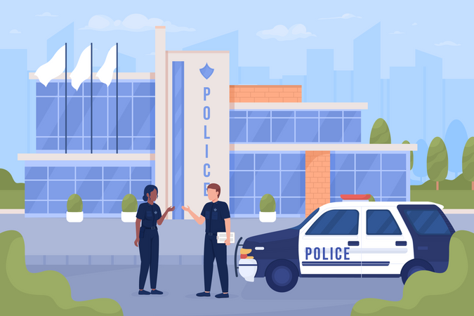 Policiers et voiture dans la rue de la ville  Illustration