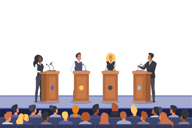 Political debates of speakers on podiums  イラスト