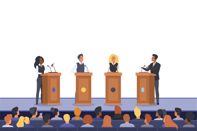 Political Debates And Speech Of Speakers On Podiums Vector Illustration Cartoon Politicians On Stage Talking In Front Of Audience Politics Dialog Of Woman And Man Leaders Speaking In Spotlights Illustration