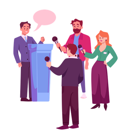 Political interview man and journalists with microphones  Illustration