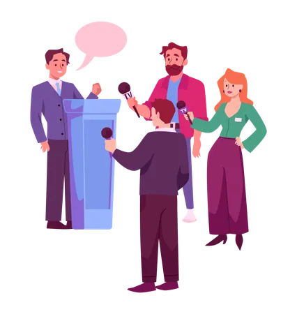 Political interview man and journalists with microphones  Illustration
