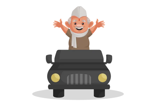 Politician standing in a jeep and greeting people  Illustration