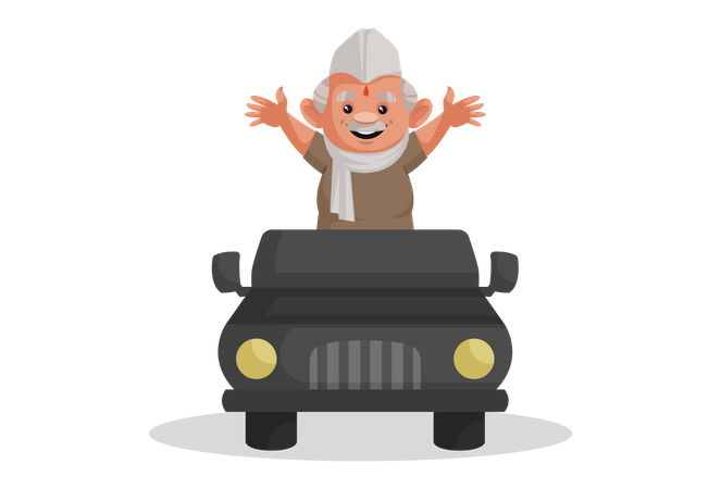 Politician standing in a jeep and greeting people  Illustration