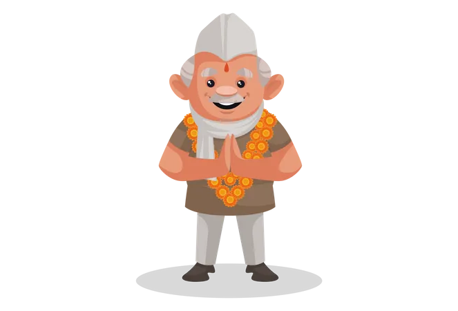 Homme politique portant une guirlande de fleurs et faisant Namaste  Illustration