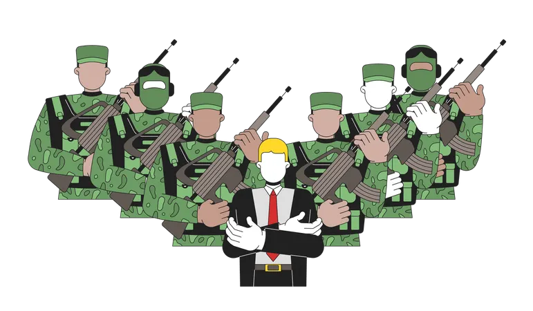 Dictador político rodeado de soldados armados  Ilustración