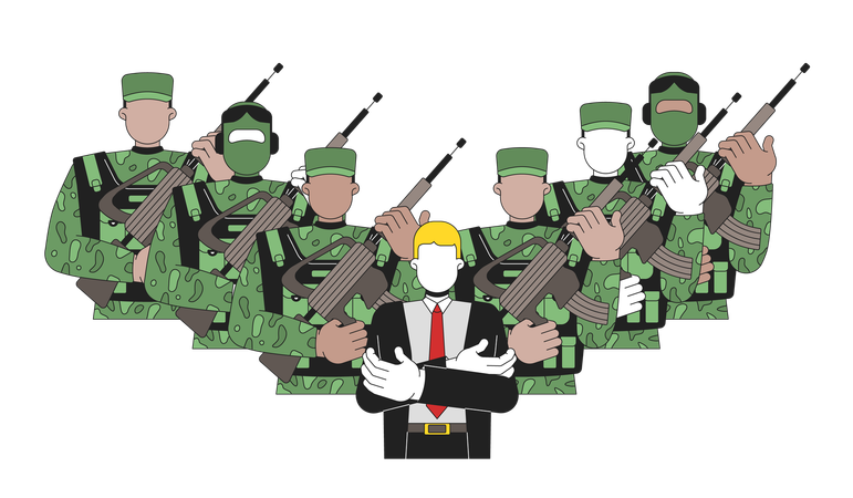 Político ditador cercado por soldados armados  Ilustração
