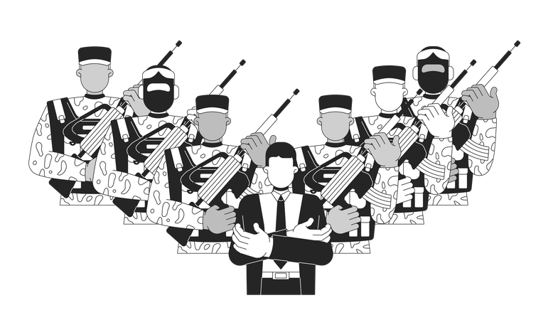 Político ditador cercado por soldados armados  Ilustração