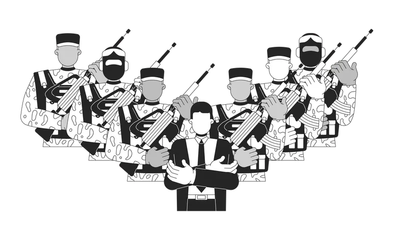 Político ditador cercado por soldados armados  Ilustração