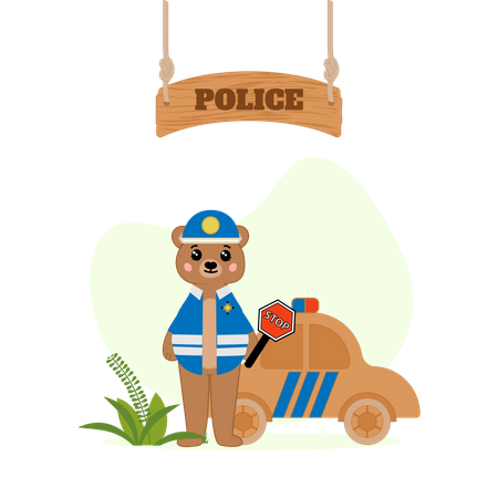 Polizeibär mit Polizeiauto  Illustration